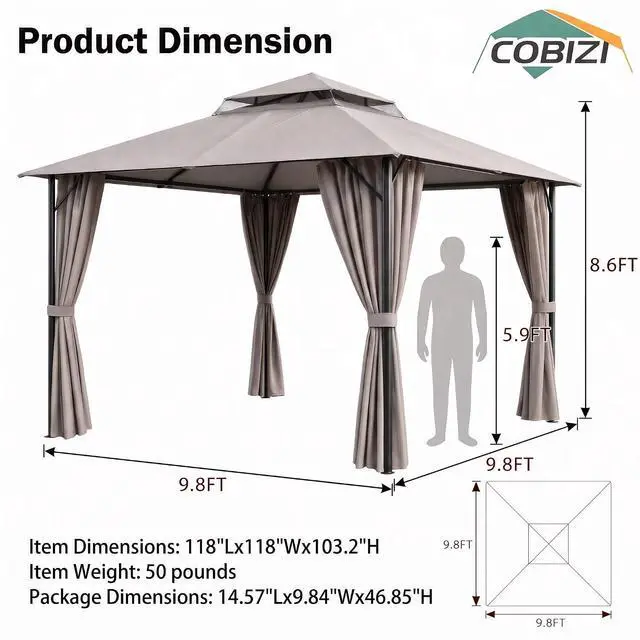 Alt view image 2 of 7 - Gazebo 10x10 Heavy Duty Gazebos with Improved Curtains Outdoor Double Roof Patio with Metal Steel Frame Outdoor Canopy for Patio, Deck, Backyard (Gray)