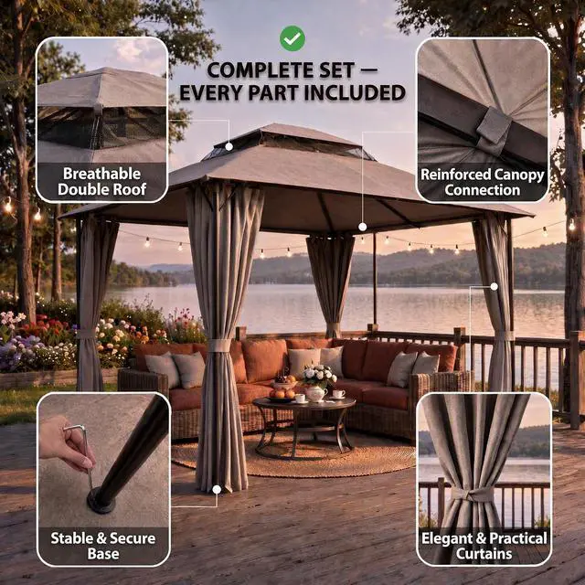 Alt view image 7 of 7 - Gazebo 10x10 Heavy Duty Gazebos with Improved Curtains Outdoor Double Roof Patio with Metal Steel Frame Outdoor Canopy for Patio, Deck, Backyard (Gray)