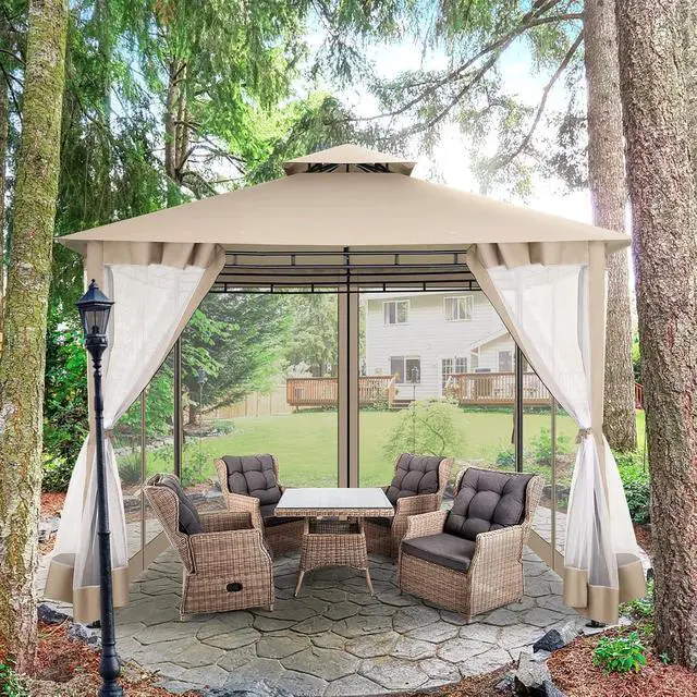 Alt view image 5 of 7 - Gazebo 10x10 Heavy Duty Gazebos with Improved Nettings Outdoor Gazebo Double Roof Patio Gazebos with Metal Steel Frame Outdoor Canopy for Patio, Deck, Backyard (Khaki)