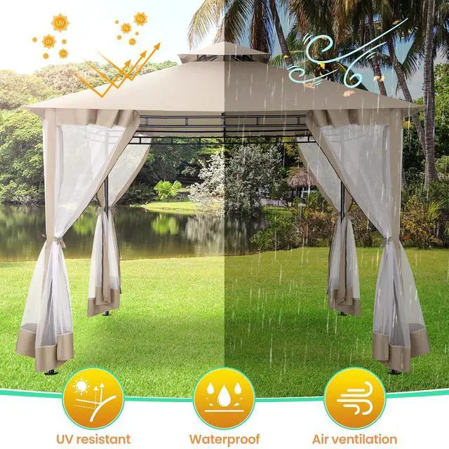 Alt view image 6 of 7 - Gazebo 10x10 Heavy Duty Gazebos with Improved Nettings Outdoor Gazebo Double Roof Patio Gazebos with Metal Steel Frame Outdoor Canopy for Patio, Deck, Backyard (Khaki)