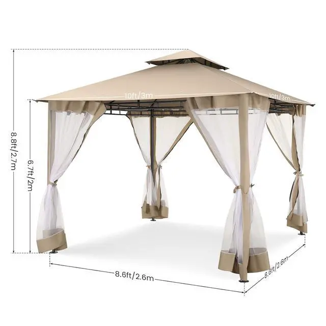 Alt view image 2 of 7 - Gazebo 10x10 Heavy Duty Gazebos with Improved Nettings Outdoor Gazebo Double Roof Patio Gazebos with Metal Steel Frame Outdoor Canopy for Patio, Deck, Backyard (Khaki)