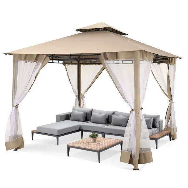 Alt view image 7 of 7 - Gazebo 10x10 Heavy Duty Gazebos with Improved Nettings Outdoor Gazebo Double Roof Patio Gazebos with Metal Steel Frame Outdoor Canopy for Patio, Deck, Backyard (Khaki)