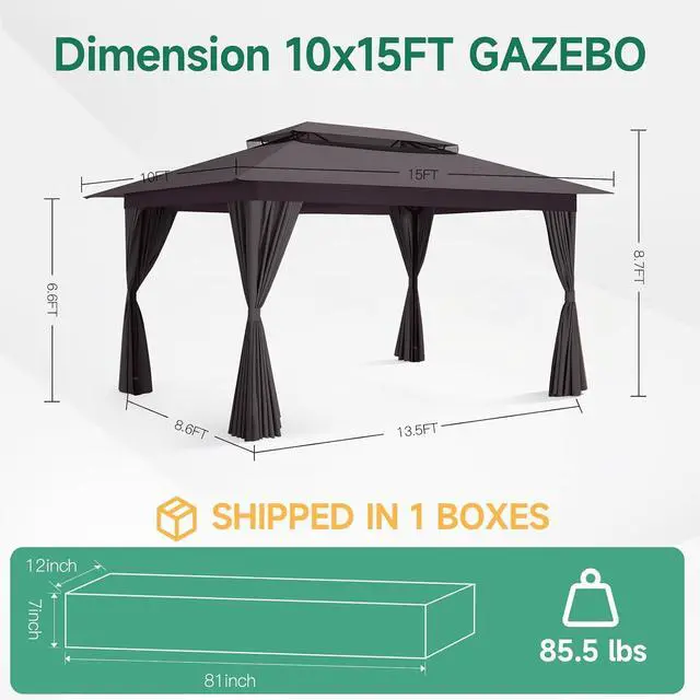 Alt view image 4 of 7 - 10x15 Gazebo Metal Frame Canopy Tent, Vented Double Roof, Brown