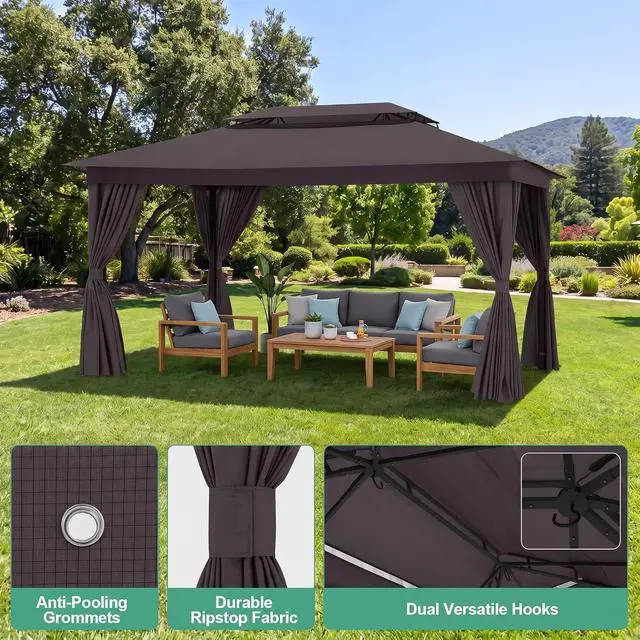 Alt view image 3 of 7 - 10x15 Gazebo Metal Frame Canopy Tent, Vented Double Roof, Brown
