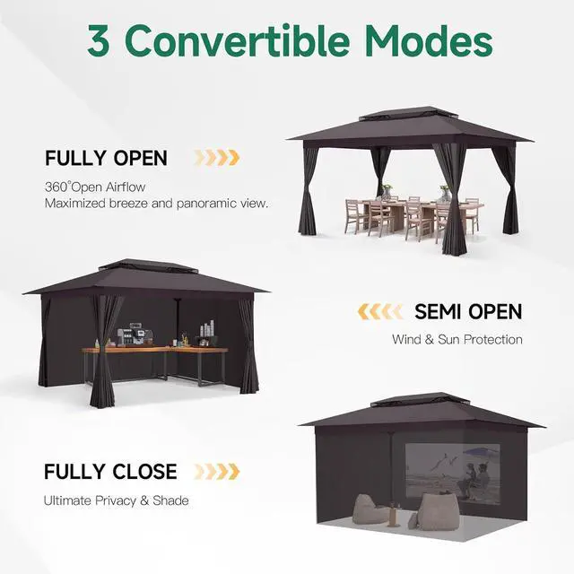 Alt view image 5 of 7 - 10x15 Gazebo Metal Frame Canopy Tent, Vented Double Roof, Brown