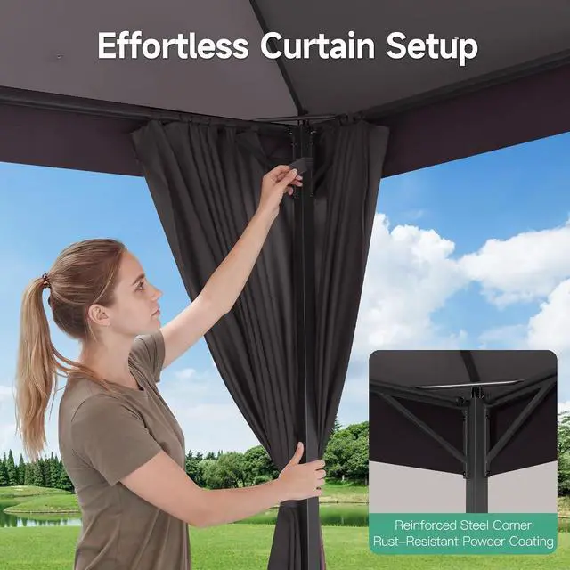 Alt view image 7 of 7 - 10x15 Gazebo Metal Frame Canopy Tent, Vented Double Roof, Brown