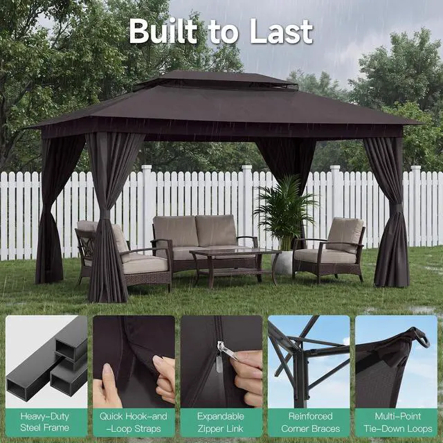 Alt view image 6 of 7 - 10x15 Gazebo Metal Frame Canopy Tent, Vented Double Roof, Brown