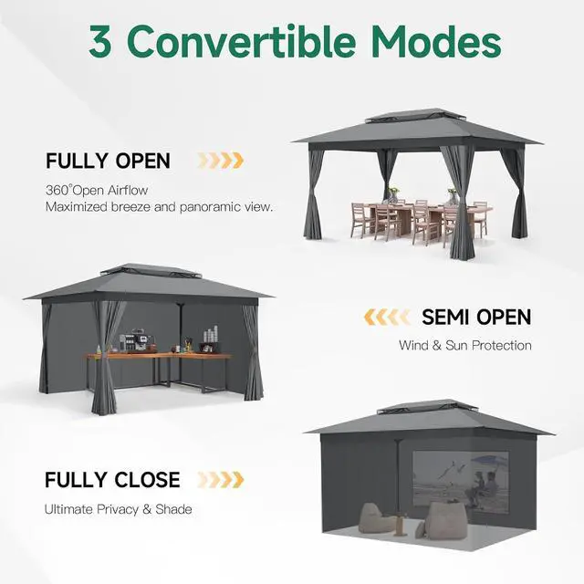 Alt view image 5 of 7 - 10x15 Gazebo Metal Frame Canopy Tent, Vented Double Roof, Gray