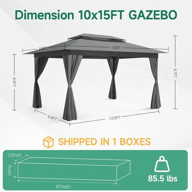 Alt view image 4 of 7 - 10x15 Gazebo Metal Frame Canopy Tent, Vented Double Roof, Gray