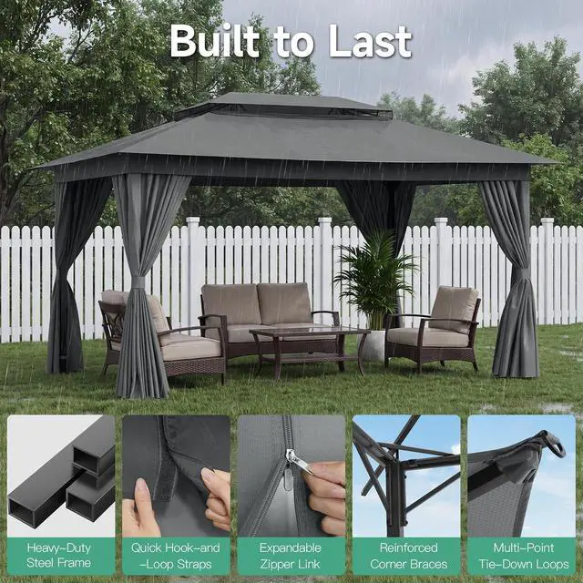 Alt view image 6 of 7 - 10x15 Gazebo Metal Frame Canopy Tent, Vented Double Roof, Gray