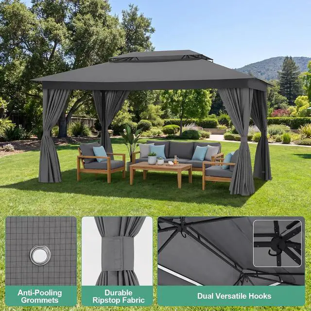 Alt view image 3 of 7 - 10x15 Gazebo Metal Frame Canopy Tent, Vented Double Roof, Gray