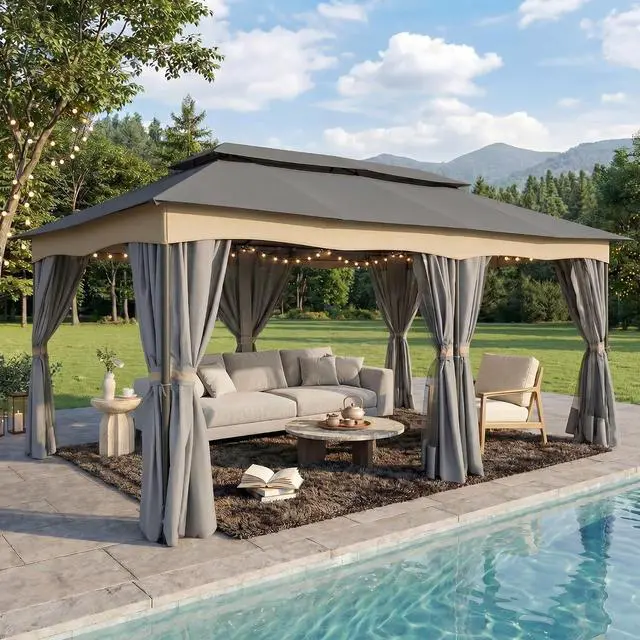Main image of 12x20 Gazebo with Curtains Double Roof Gazebo Heavy Duty Gazebos with Metal Steel Frame for Patio, Deck, BackyardGray