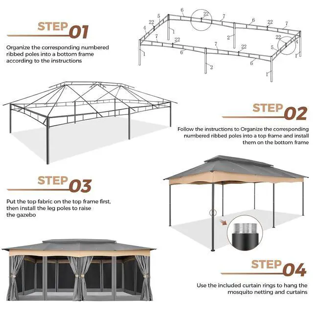 Alt view image 3 of 7 - 12x20 Gazebo with Curtains Double Roof Gazebo Heavy Duty Gazebos with Metal Steel Frame for Patio, Deck, BackyardGray