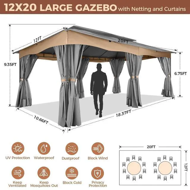 Alt view image 4 of 7 - 12x20 Gazebo with Curtains Double Roof Gazebo Heavy Duty Gazebos with Metal Steel Frame for Patio, Deck, BackyardGray