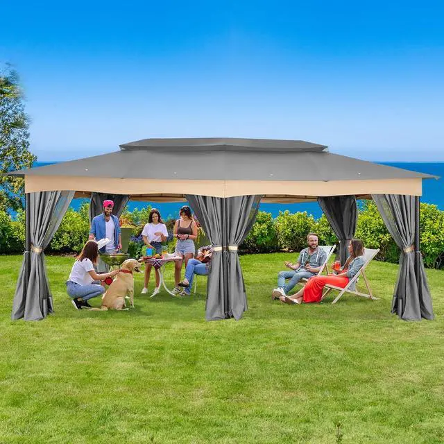 Alt view image 2 of 7 - 12x20 Gazebo with Curtains Double Roof Gazebo Heavy Duty Gazebos with Metal Steel Frame for Patio, Deck, BackyardGray