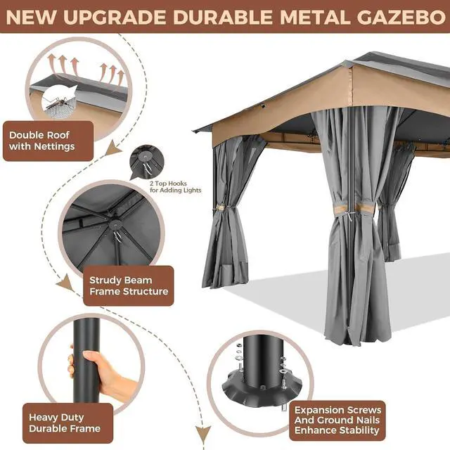 Alt view image 5 of 7 - 12x20 Gazebo with Curtains Double Roof Gazebo Heavy Duty Gazebos with Metal Steel Frame for Patio, Deck, BackyardGray