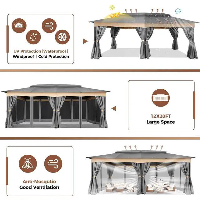 Alt view image 7 of 7 - 12x20 Gazebo with Curtains Double Roof Gazebo Heavy Duty Gazebos with Metal Steel Frame for Patio, Deck, BackyardGray