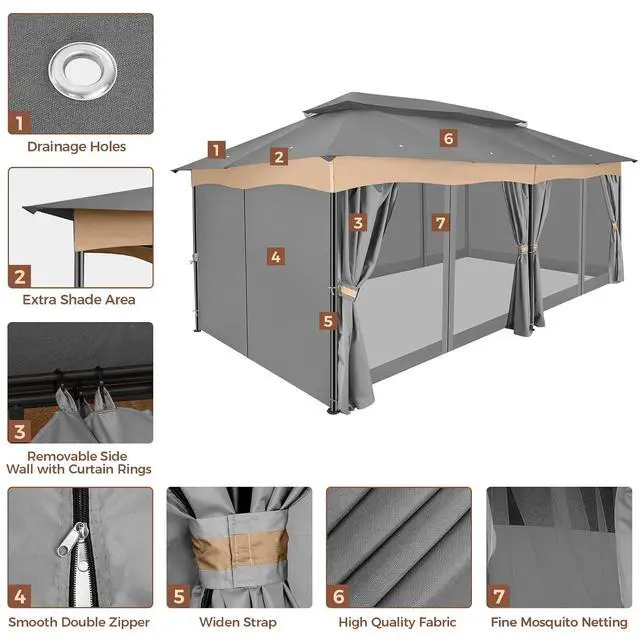 Alt view image 6 of 7 - 12x20 Gazebo with Curtains Double Roof Gazebo Heavy Duty Gazebos with Metal Steel Frame for Patio, Deck, BackyardGray