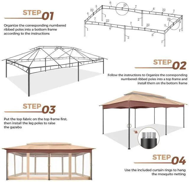 Alt view image 3 of 7 - 12x20 Large Outdoor Patio Gazebo, Double Roof Soft Top Canopy with Mosquito Netting, Heavy Duty Steel Frame Shade Shelter for Backyard, Garden, Deck, Poolside