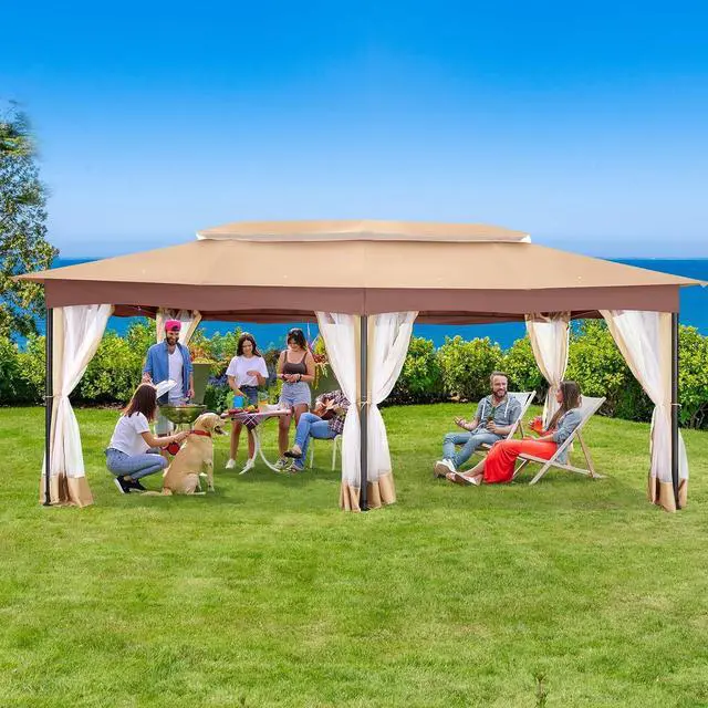 Alt view image 2 of 7 - 12x20 Large Outdoor Patio Gazebo, Double Roof Soft Top Canopy with Mosquito Netting, Heavy Duty Steel Frame Shade Shelter for Backyard, Garden, Deck, Poolside
