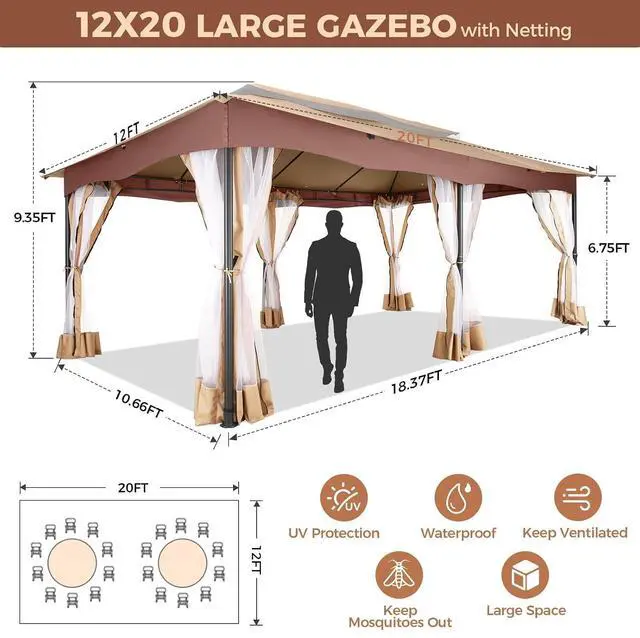 Alt view image 5 of 7 - 12x20 Large Outdoor Patio Gazebo, Double Roof Soft Top Canopy with Mosquito Netting, Heavy Duty Steel Frame Shade Shelter for Backyard, Garden, Deck, Poolside