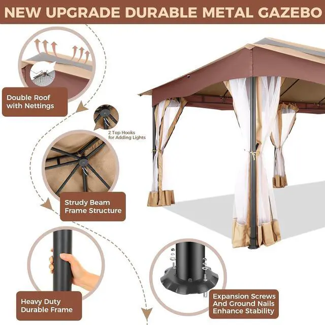 Alt view image 6 of 7 - 12x20 Large Outdoor Patio Gazebo, Double Roof Soft Top Canopy with Mosquito Netting, Heavy Duty Steel Frame Shade Shelter for Backyard, Garden, Deck, Poolside