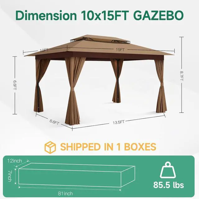 Alt view image 3 of 7 - 10x15 Gazebo Metal Frame Canopy Tent, Vented Double Roof, Khaki