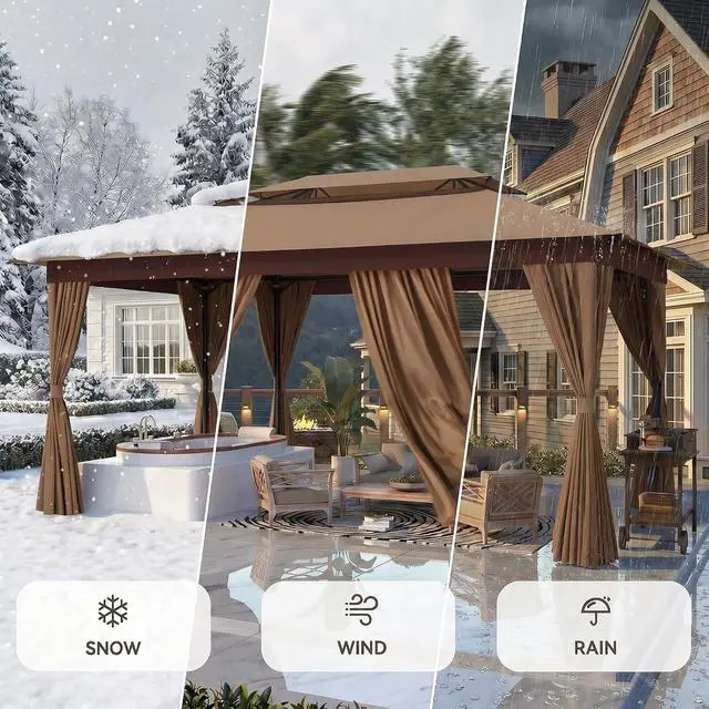 Alt view image 4 of 7 - 10x15 Gazebo Metal Frame Canopy Tent, Vented Double Roof, Khaki