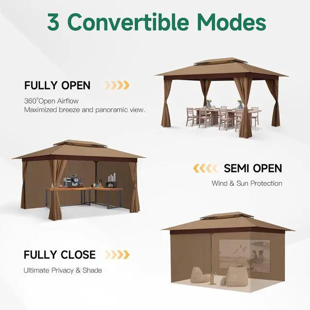 Alt view image 6 of 7 - 10x15 Gazebo Metal Frame Canopy Tent, Vented Double Roof, Khaki