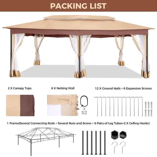 Alt view image 4 of 7 - 12x20 Large Outdoor Patio Gazebo, Double Roof Soft Top Canopy with Mosquito Netting, Heavy Duty Steel Frame Shade Shelter for Backyard, Garden, Deck, Poolside