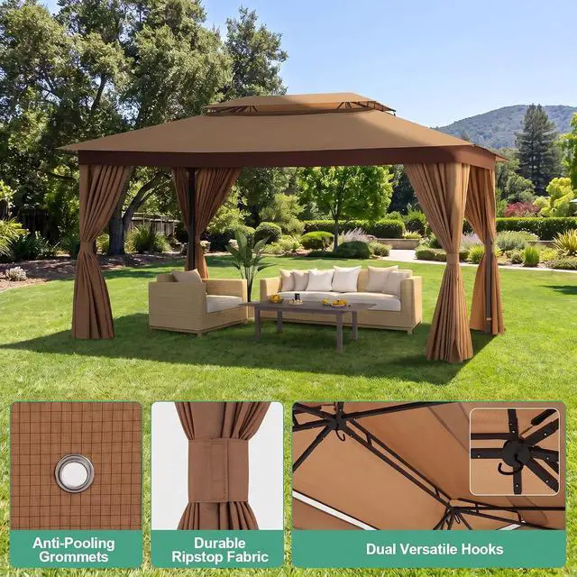 Alt view image 5 of 7 - 10x15 Gazebo Metal Frame Canopy Tent, Vented Double Roof, Khaki