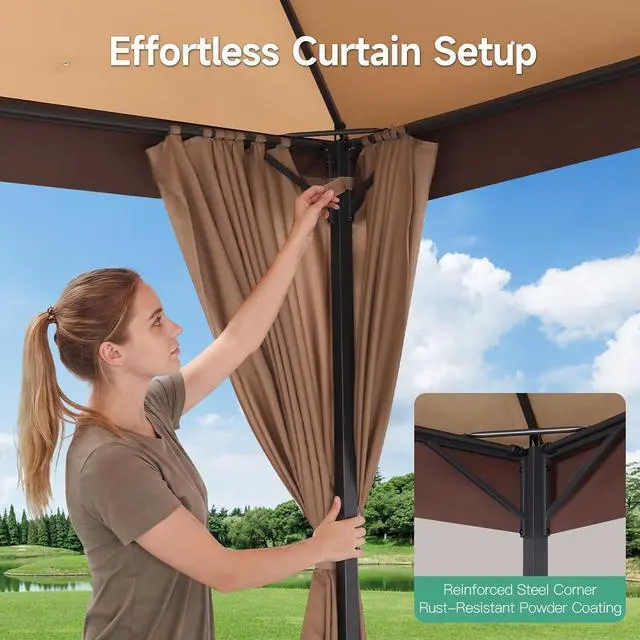 Alt view image 7 of 7 - 10x15 Gazebo Metal Frame Canopy Tent, Vented Double Roof, Khaki