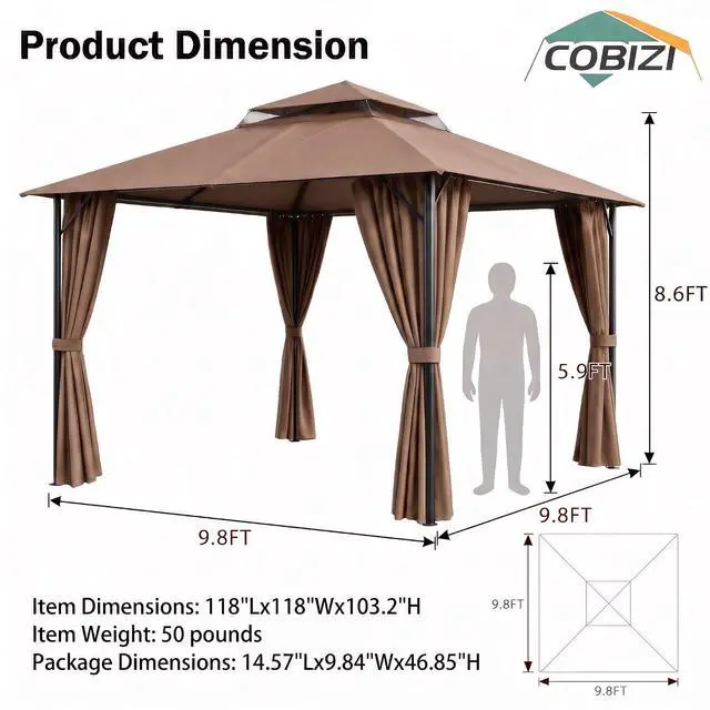 Alt view image 2 of 7 - Gazebo 10x10 Heavy Duty Gazebos with Improved Curtains Outdoor Double Roof Patio with Metal Steel Frame Outdoor Canopy for Patio, Deck, Backyard (Brown)