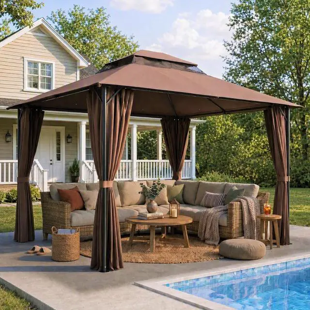 Main image of Gazebo 10x10 Heavy Duty Gazebos with Improved Curtains Outdoor Double Roof Patio with Metal Steel Frame Outdoor Canopy for Patio, Deck, Backyard (Brown)