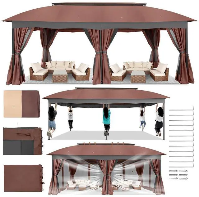 Main image of 12x20 Outdoor Patio Gazebo, Double Roof Soft Top Canopy with Privacy Curtains and Mosquito Netting, Heavy Duty Steel Frame Shade Shelter for Backyard, Garden, Deck, Poolside -Red Brown