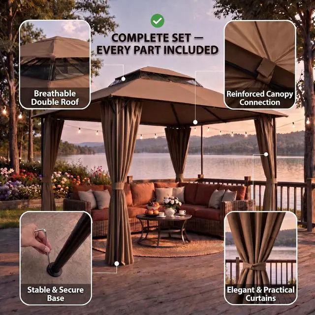 Alt view image 7 of 7 - Gazebo 10x10 Heavy Duty Gazebos with Improved Curtains Outdoor Double Roof Patio with Metal Steel Frame Outdoor Canopy for Patio, Deck, Backyard (Brown)
