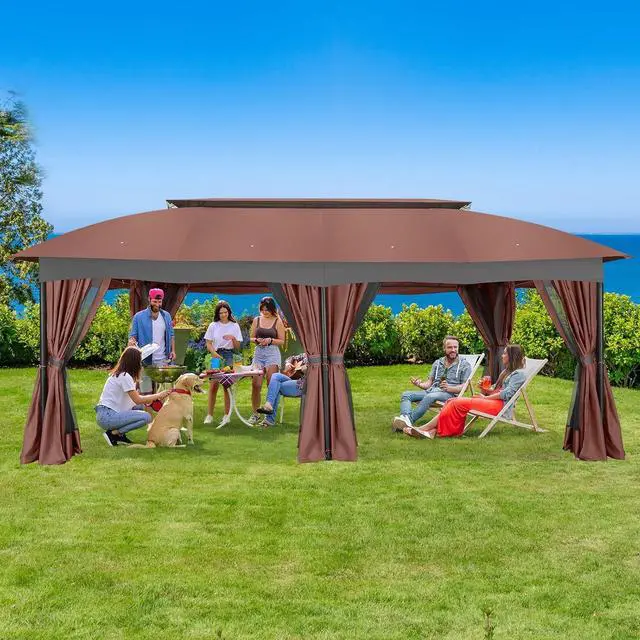 Alt view image 2 of 7 - 12x20 Outdoor Patio Gazebo, Double Roof Soft Top Canopy with Privacy Curtains and Mosquito Netting, Heavy Duty Steel Frame Shade Shelter for Backyard, Garden, Deck, Poolside -Red Brown