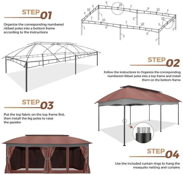 Alt view image 3 of 7 - 12x20 Outdoor Patio Gazebo, Double Roof Soft Top Canopy with Privacy Curtains and Mosquito Netting, Heavy Duty Steel Frame Shade Shelter for Backyard, Garden, Deck, Poolside -Red Brown