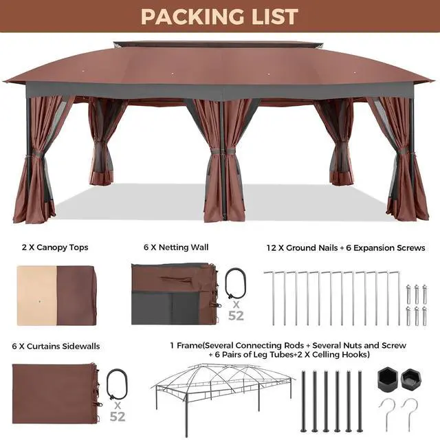Alt view image 4 of 7 - 12x20 Outdoor Patio Gazebo, Double Roof Soft Top Canopy with Privacy Curtains and Mosquito Netting, Heavy Duty Steel Frame Shade Shelter for Backyard, Garden, Deck, Poolside -Red Brown