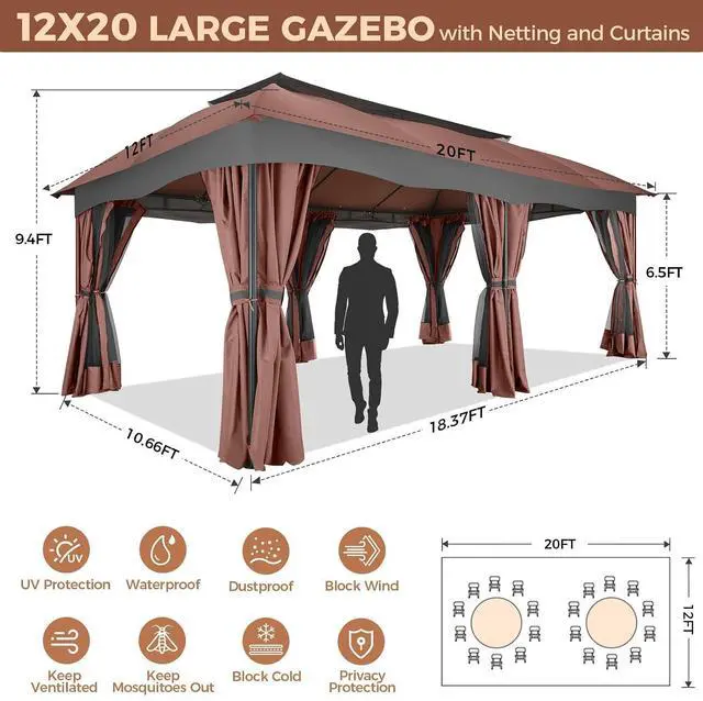 Alt view image 5 of 7 - 12x20 Outdoor Patio Gazebo, Double Roof Soft Top Canopy with Privacy Curtains and Mosquito Netting, Heavy Duty Steel Frame Shade Shelter for Backyard, Garden, Deck, Poolside -Red Brown
