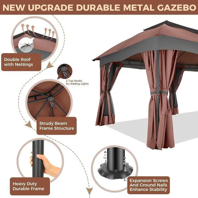 Alt view image 6 of 7 - 12x20 Outdoor Patio Gazebo, Double Roof Soft Top Canopy with Privacy Curtains and Mosquito Netting, Heavy Duty Steel Frame Shade Shelter for Backyard, Garden, Deck, Poolside -Red Brown