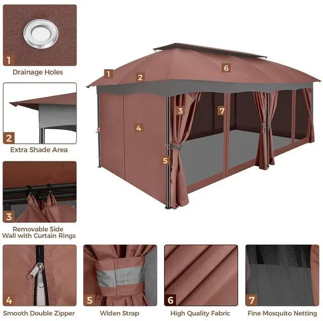 Alt view image 7 of 7 - 12x20 Outdoor Patio Gazebo, Double Roof Soft Top Canopy with Privacy Curtains and Mosquito Netting, Heavy Duty Steel Frame Shade Shelter for Backyard, Garden, Deck, Poolside -Red Brown