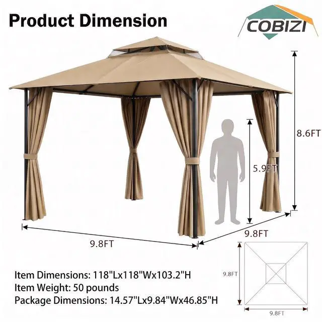 Alt view image 2 of 7 - Gazebo 10x10 Heavy Duty Gazebos with Improved Curtains Outdoor Double Roof Patio with Metal Steel Frame Outdoor Canopy for Patio, Deck, Backyard (Khaki)