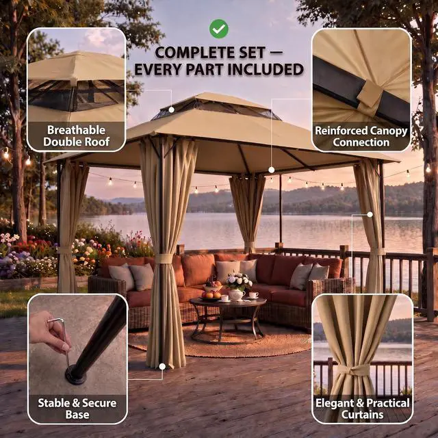 Alt view image 7 of 7 - Gazebo 10x10 Heavy Duty Gazebos with Improved Curtains Outdoor Double Roof Patio with Metal Steel Frame Outdoor Canopy for Patio, Deck, Backyard (Khaki)