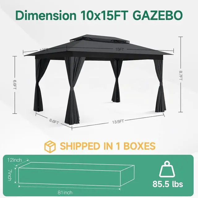 Alt view image 4 of 7 - 10x15 Gazebo Metal Frame Canopy Tent, Vented Double Roof, Black