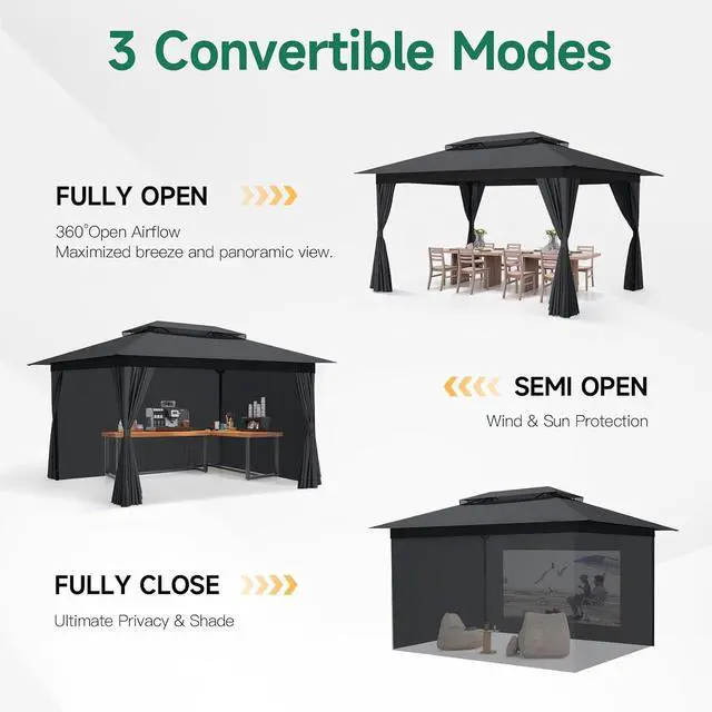 Alt view image 6 of 7 - 10x15 Gazebo Metal Frame Canopy Tent, Vented Double Roof, Black