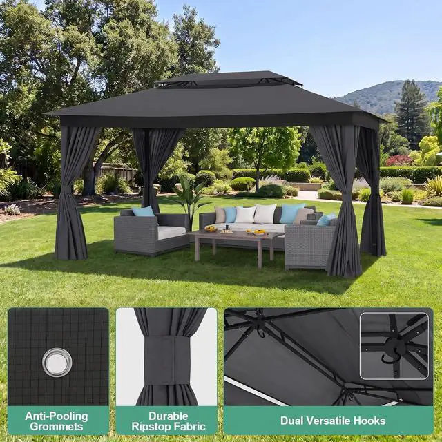 Alt view image 3 of 7 - 10x15 Gazebo Metal Frame Canopy Tent, Vented Double Roof, Black