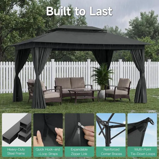 Alt view image 7 of 7 - 10x15 Gazebo Metal Frame Canopy Tent, Vented Double Roof, Black