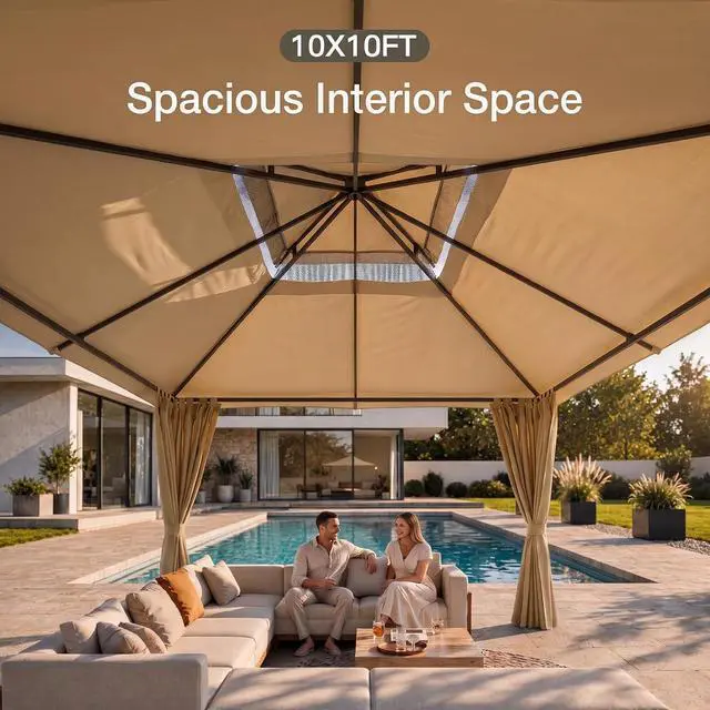 Alt view image 6 of 7 - Gazebo 10x10 Heavy Duty Gazebos with Improved Curtains Outdoor Double Roof Patio with Metal Steel Frame Outdoor Canopy for Patio, Deck, Backyard (Khaki)