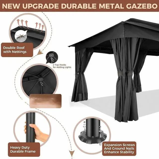 Alt view image 2 of 7 - 12x20 Gazebo Heavy Duty Gazebos with Curtains Outdoor Gazebo Canopy Double Roof with Metal Steel Frame for Patio, Deck, BackyardBlack
